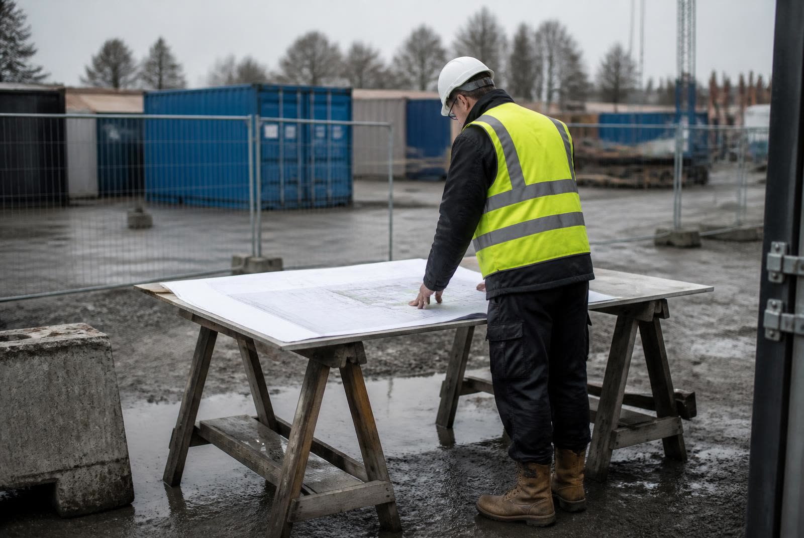 Bauleiter prüft auf einer Baustelle einen großformatigen Lageplan auf einem Arbeitstisch.