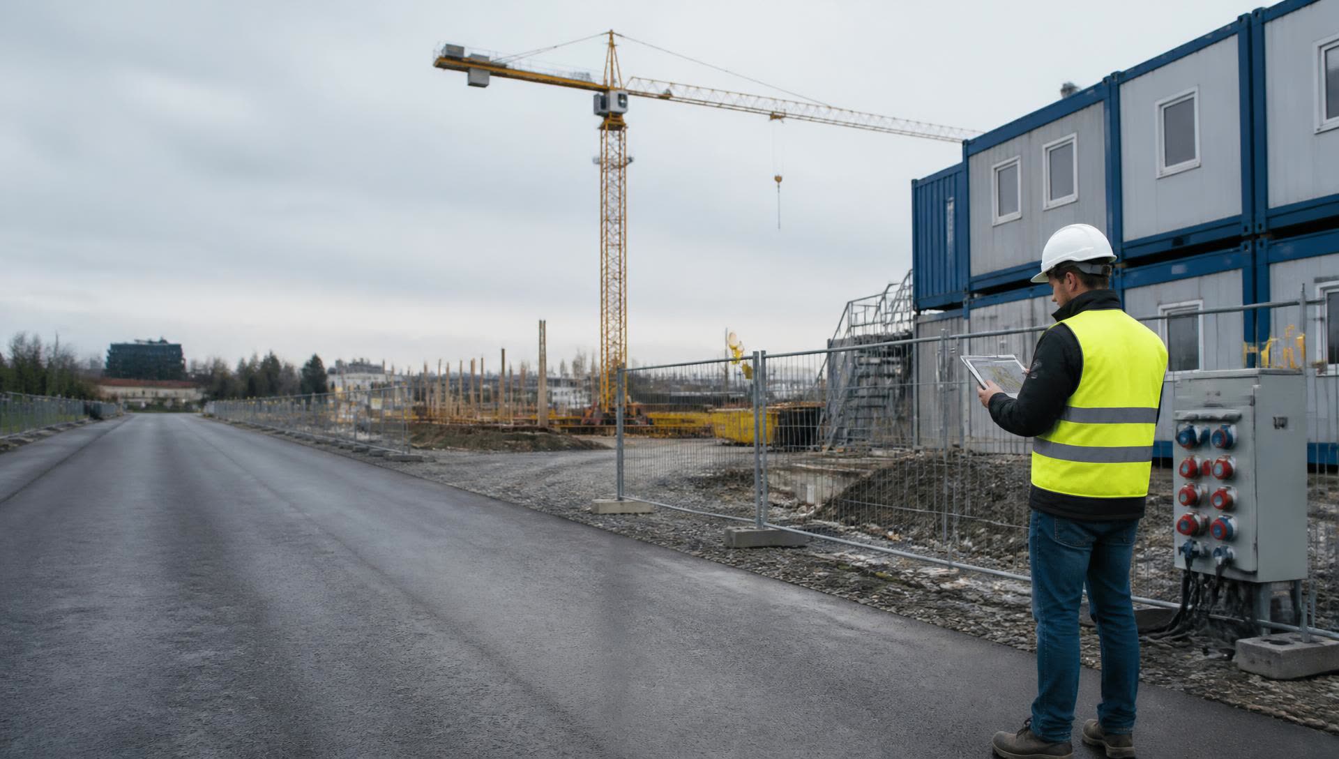 Geordnete Baustelle in früher Bauphase mit Containern, Bauzaun, Baustromverteilung und Kran im Hintergrund.